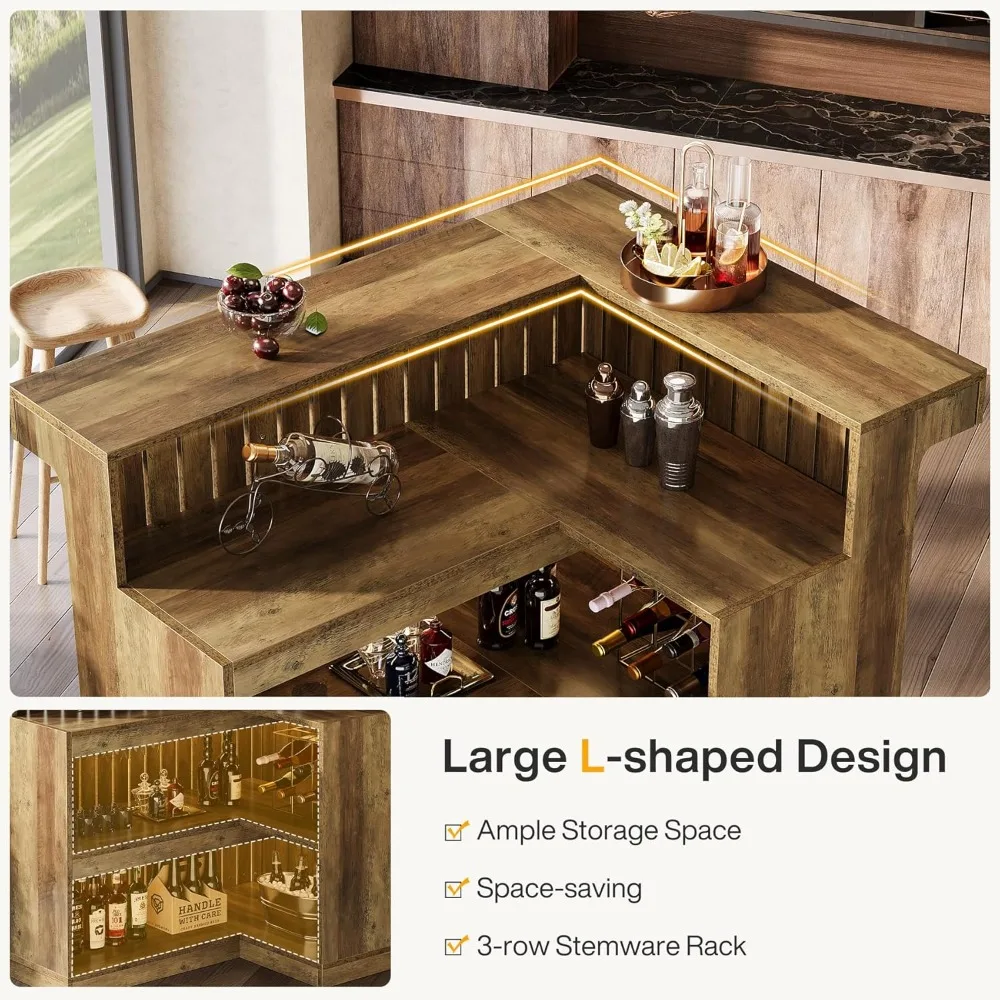 L-Shaped Home Bar Unit, Corner Liquor Bar Table with Storage Shelves and Wine Glasses Holder, Industrial Wine Cabinet