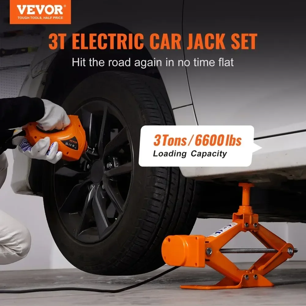 VEVOR-Chão Elétrico Jack para Carro, Conjunto de Elevação, Tesoura com Chave de Impacto, Ferramenta de Reparação Automática, Kit de Serviço, DC 12V, 3 Toneladas