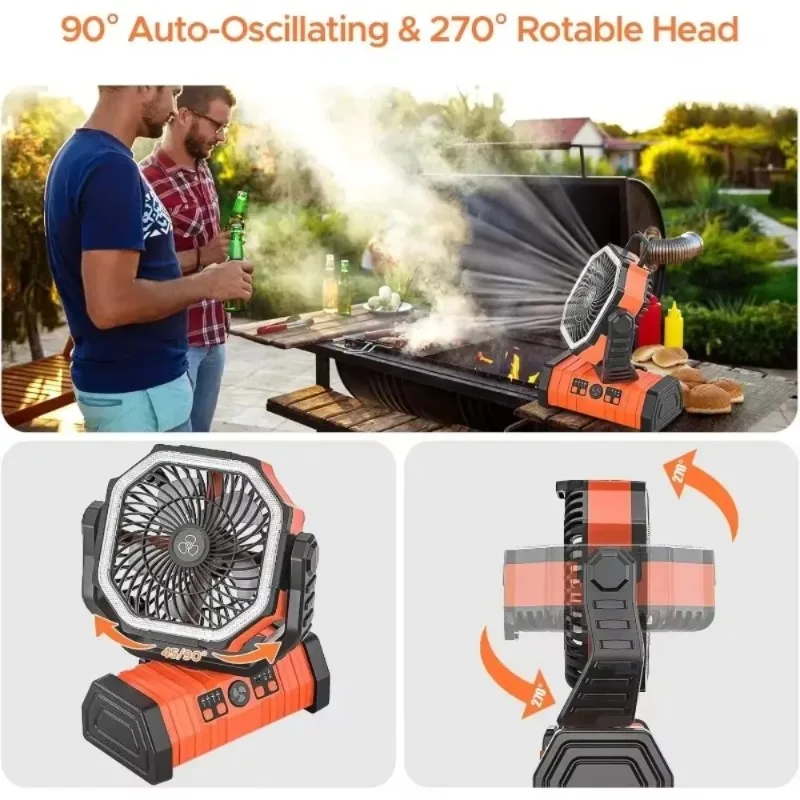 NEW.Rechargeable Camping 20000mAh Auto-Oscillating Battery Operated Fan with Remote/Hook/Timer Fan with LED Lantern,