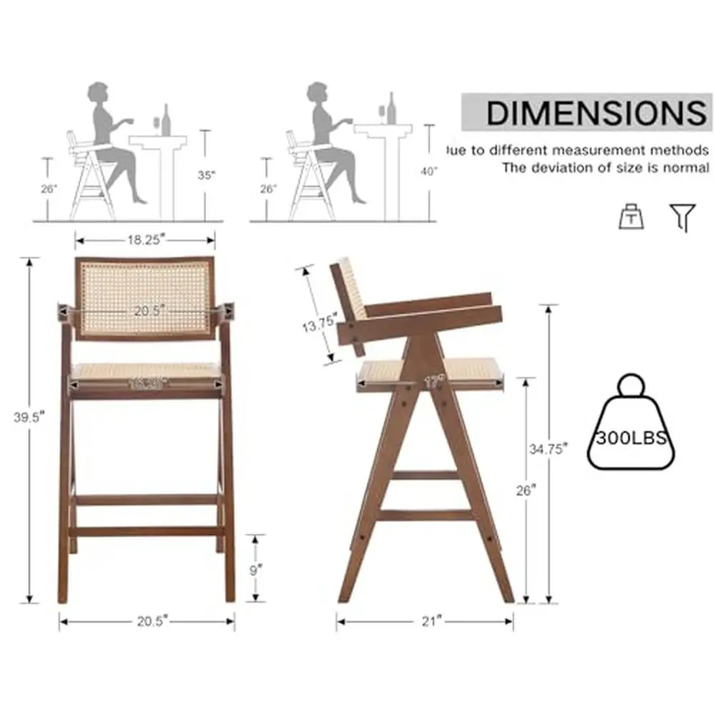 Set of 4 Wooden Farmhouse Barstools with Rattan Woven Back/Arms Kitchen Island Chic Boho Design High-Quality Materials Ultimate