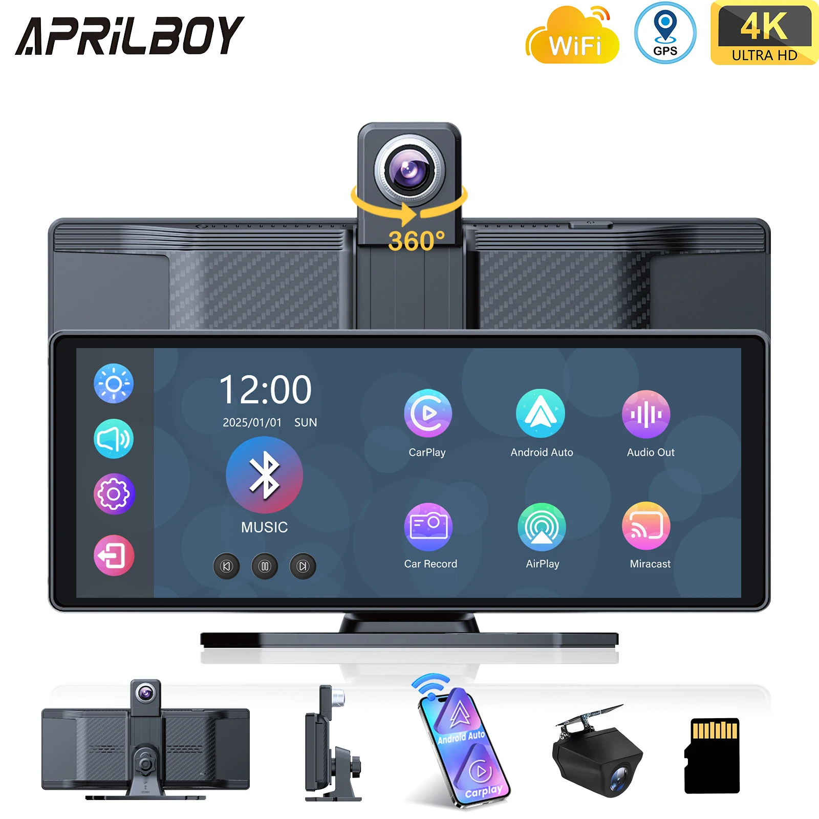 Aprilboy C4 4K 360 °   Cámara de salpicadero de rotación con pantalla inteligente de 10,26 "para coche, CarPlay inalámbrico y Android Auto AUX FM Bluetooth WIFI