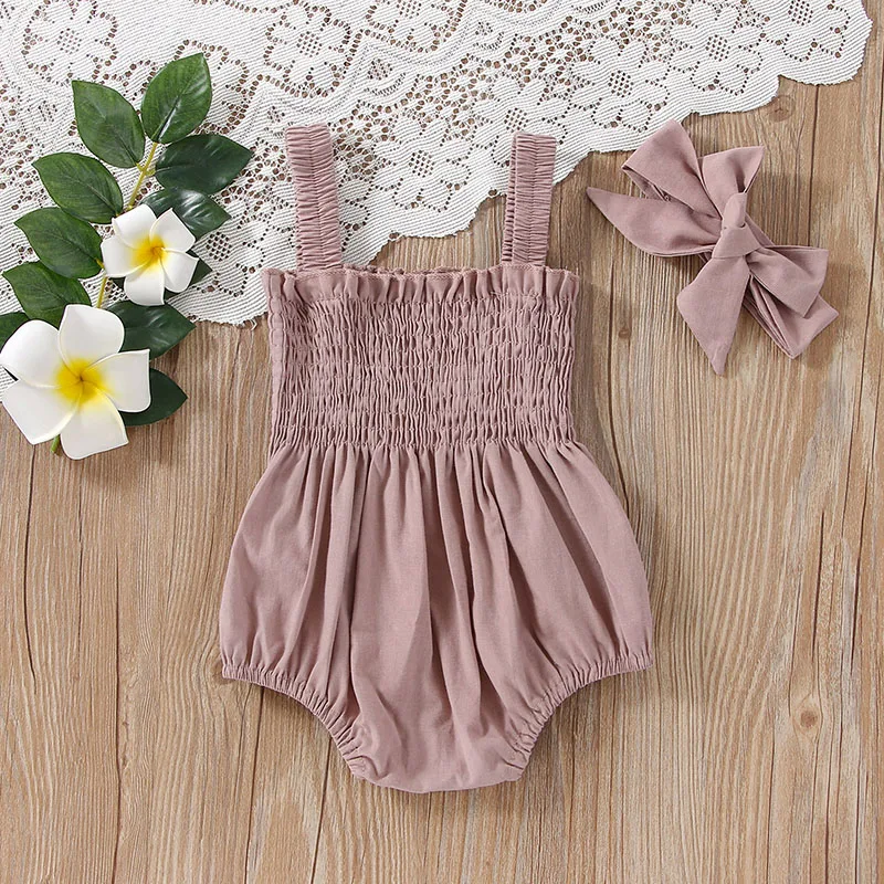 Ropa de bebé, mono de verano, conjunto de Color sólido fruncido para niño niña, informal, sin mangas, con tirantes, peleles para niños, conjunto con diadema