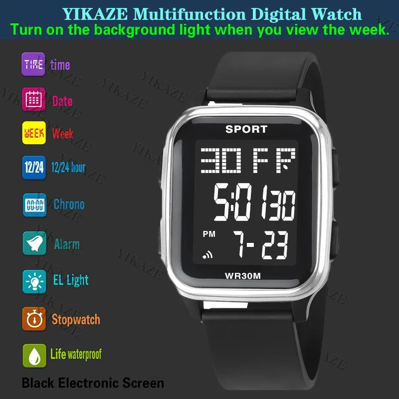 Reloj deportivo YIKAZE para hombre, reloj electrónico multifunción resistente al agua, reloj de pulsera Digital LED ultrafino para hombre y estudiante