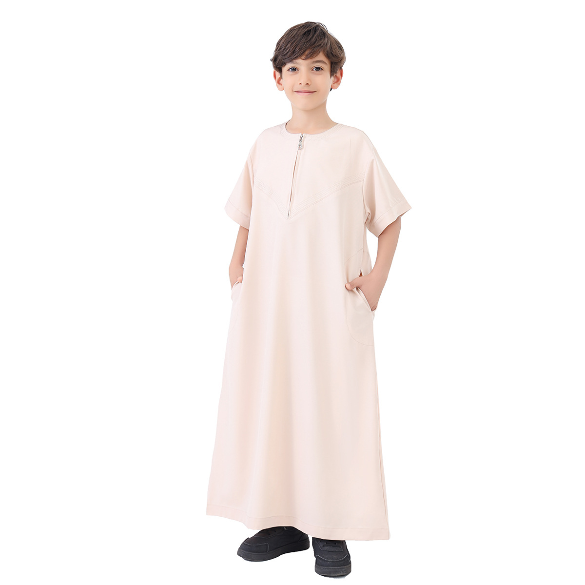 Jongen Jubba Thobe Kinderjurk Eid Moslim Lang Gewaad Rits Korte Mouw 2025, Ramadan Kind Saudi Wear Abaya Caftan Dubai Arabisch
