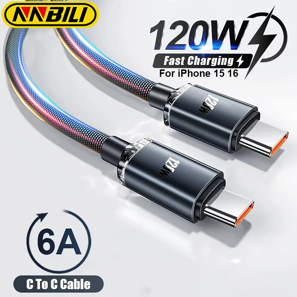 NNBILI Cavo USB C da 120 W Caricatore rapido Super PD Cavo da tipo C a C per iPhone 15 16 Samsung Xiaomi Huawei Cavo dati di ricarica rapida