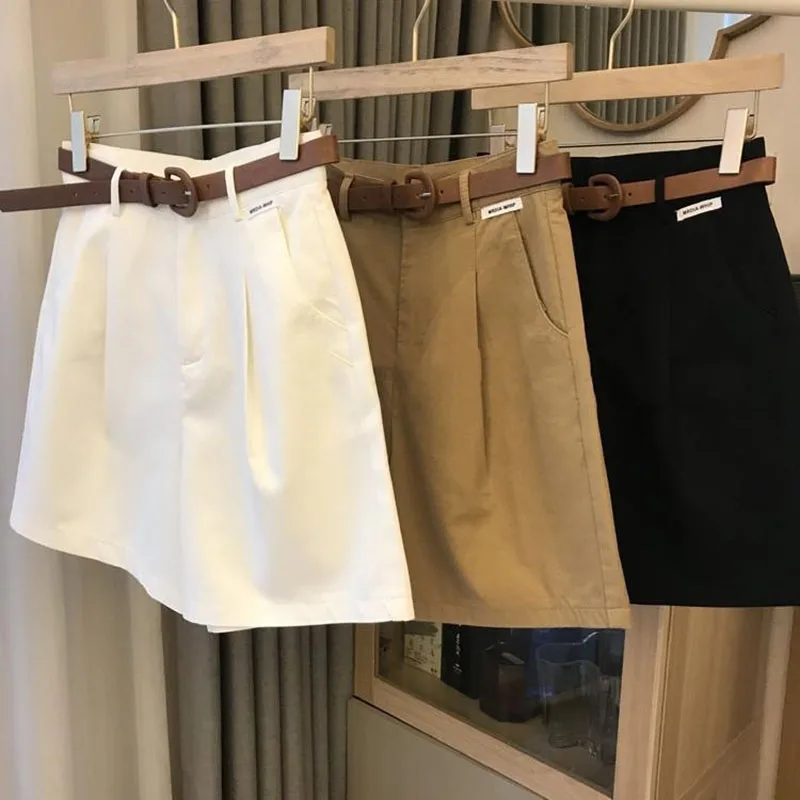 [Cinto de entrega] verão novo shorts de perna larga algodão fino a-frame shorts senhoras do escritório clássico solto casual shorts com zíper para mulher