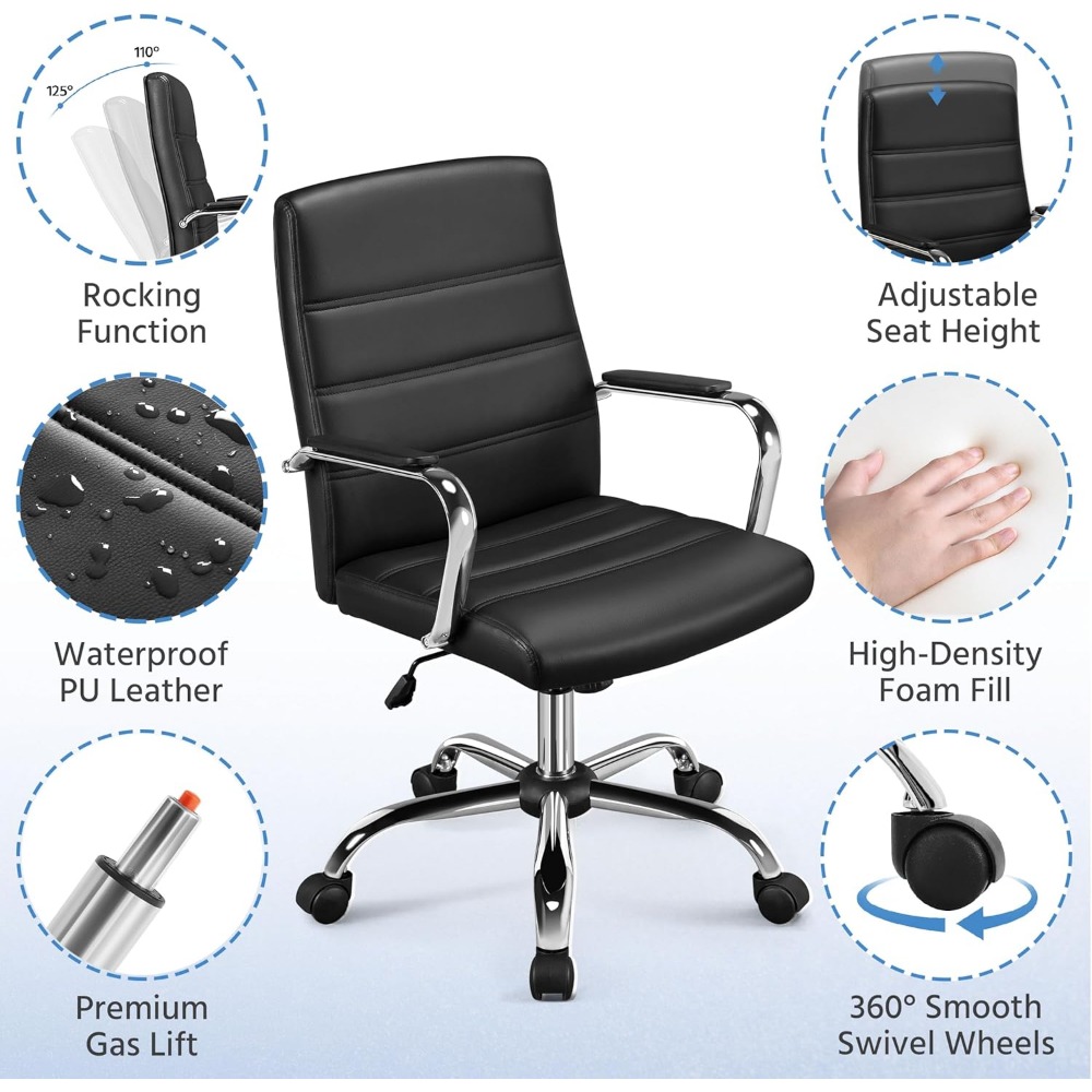 Managerial Executive Chairs Office Task Chair Mid-Back PU Leather Ergonomic Computer Desk Chair w/Lumbar Support Swivel Wheels