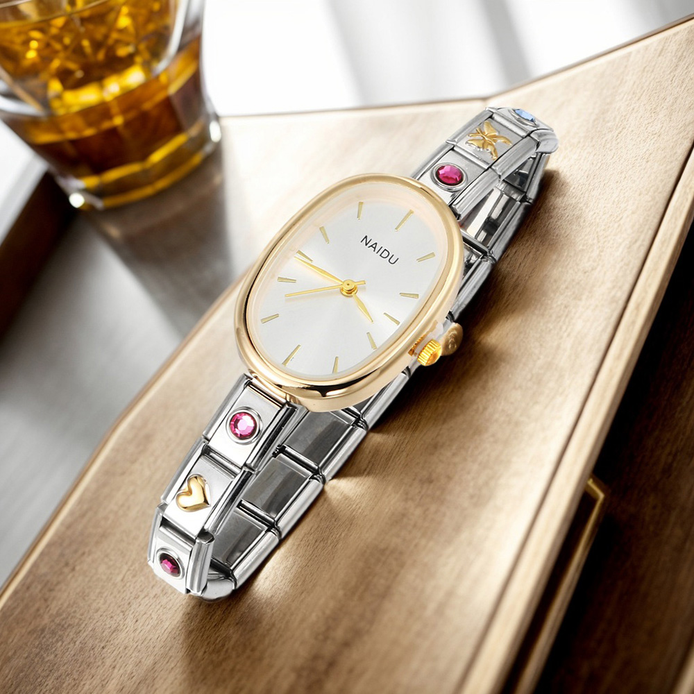 GEMOSA Modern Oval Casual Vintage Design Quartz Watches Women Ladies Stainless Steel Width 9mm Strap Party Birthday Perfect Gift