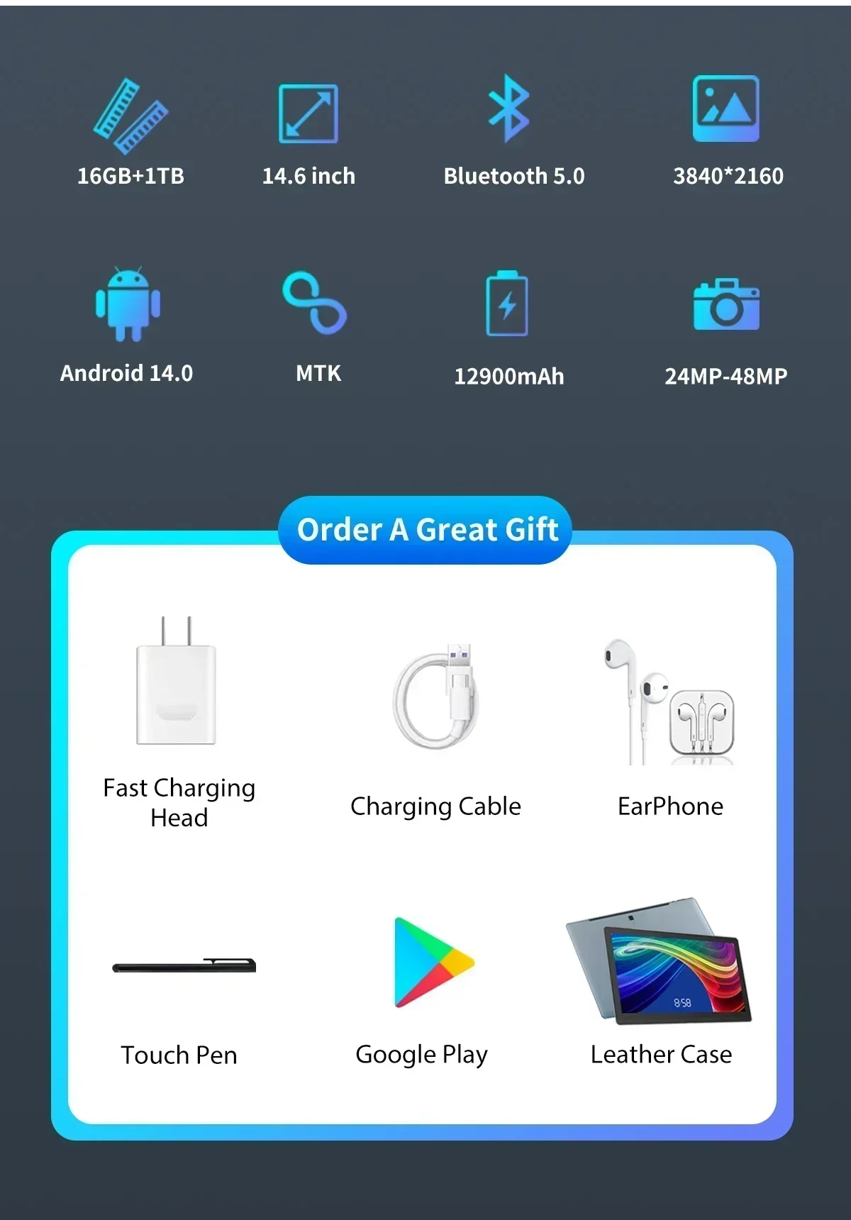 2025 Neuankömmling 14 Zoll Android 14,0 Tablet Google Play Dual 5G Netzwerk GPS Bluetooth WLAN-Tablets 16GB RAM 1TB ROM