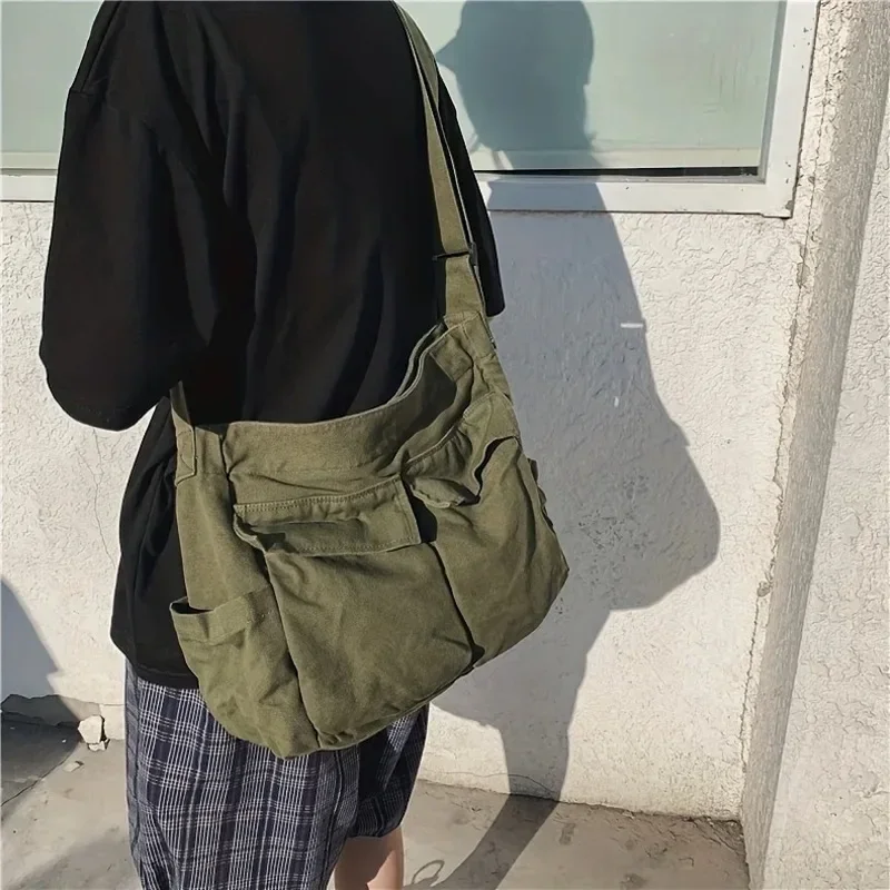 Bolsa mensageiro escolar feminina, bolsa de ombro de designer sólida, grande capacidade, casual, de lona, bolsa de ombro feminina