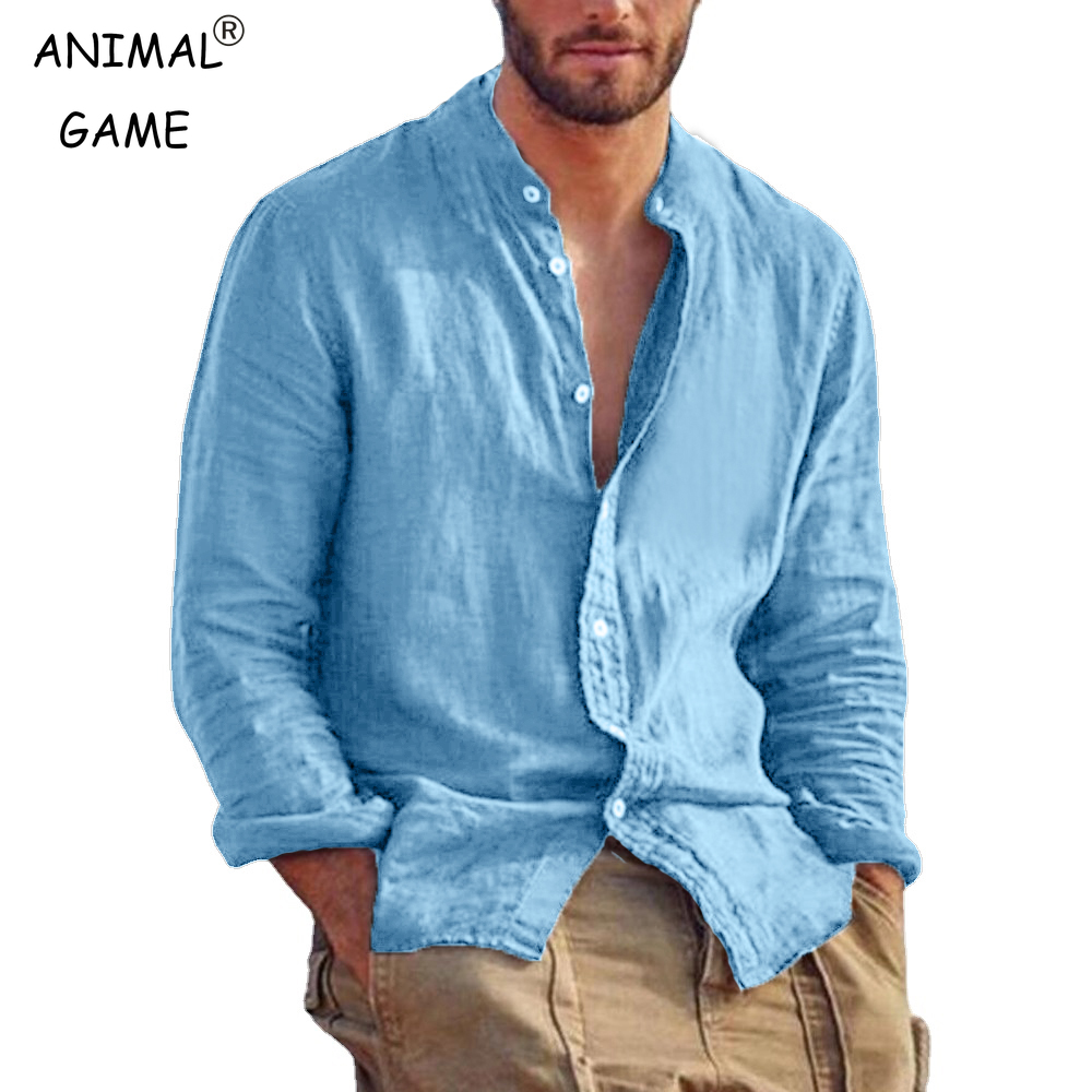 Nueva camisa de manga larga de Color sólido para hombre, camisas de algodón y lino, Tops de playa ligeros informales con cuello levantado de talla grande a la moda