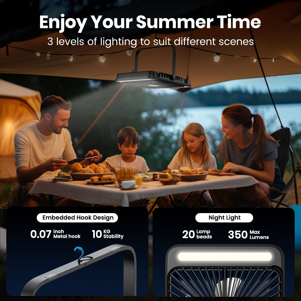 Warmco D4 draagbare bureauventilator, oplaadbare 20000 mAh campingventilator met licht, 48 uur looptijd, 8 inch stille persoonlijke ventilator, digitaal display