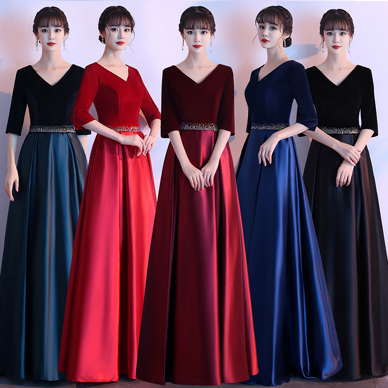女性のロングスカートパフォーマンス衣装赤い歌競技ホスト導体セレモニードレスコーラス制服韓国スタイルのウェディングドレス