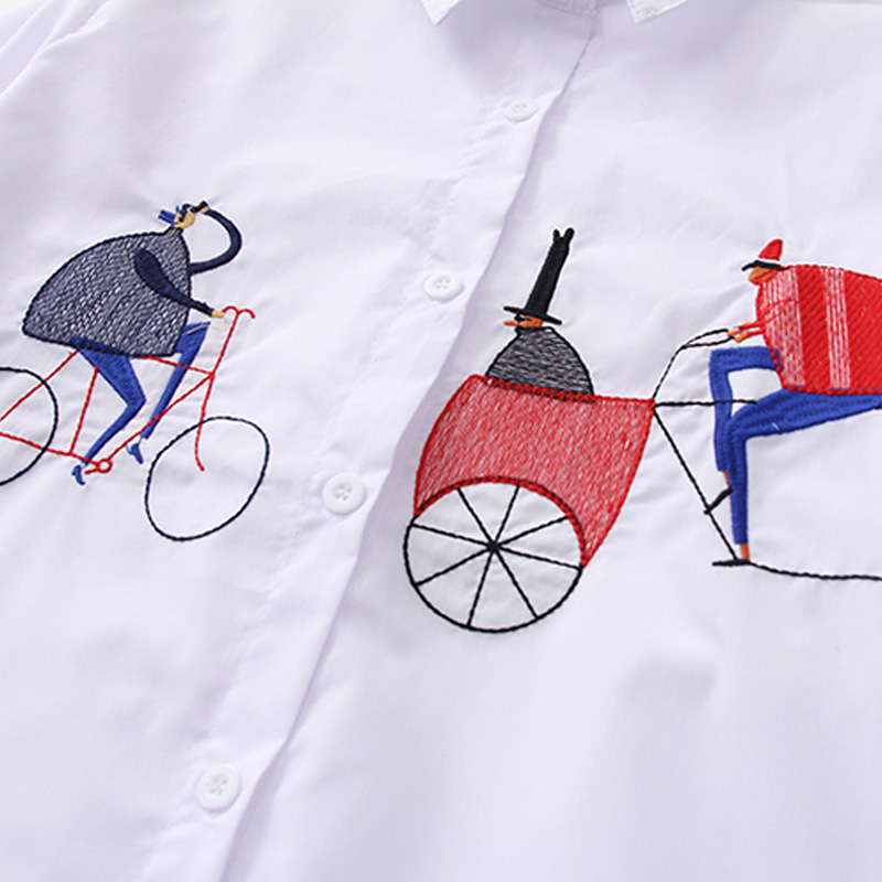 2024 新しい白シャツカジュアルボタンアップターンダウン襟女性ブラウス長袖コットンブラウス刺繍ブラウス女性 5083 50