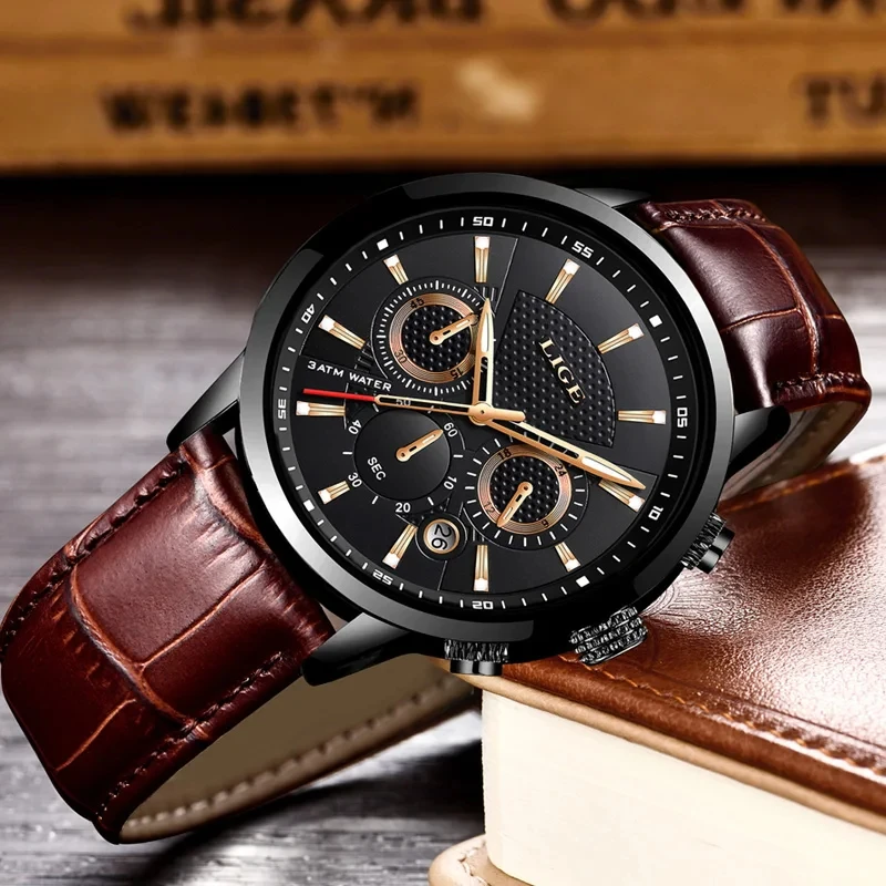 LIGE hommes montres de luxe étanche militaire Sport homme montre chronographe en cuir véritable hommes Quartz montre-bracelet Relogio Masculino