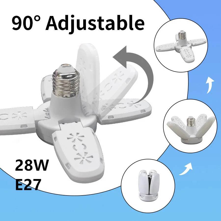E27 พัดลมรูปร่างหลอดไฟ LED AC85-265V 28W หลอดไฟ LED แบบพับได้ Lampada สําหรับห้องนั่งเล่นโกดังโรงรถเพดาน