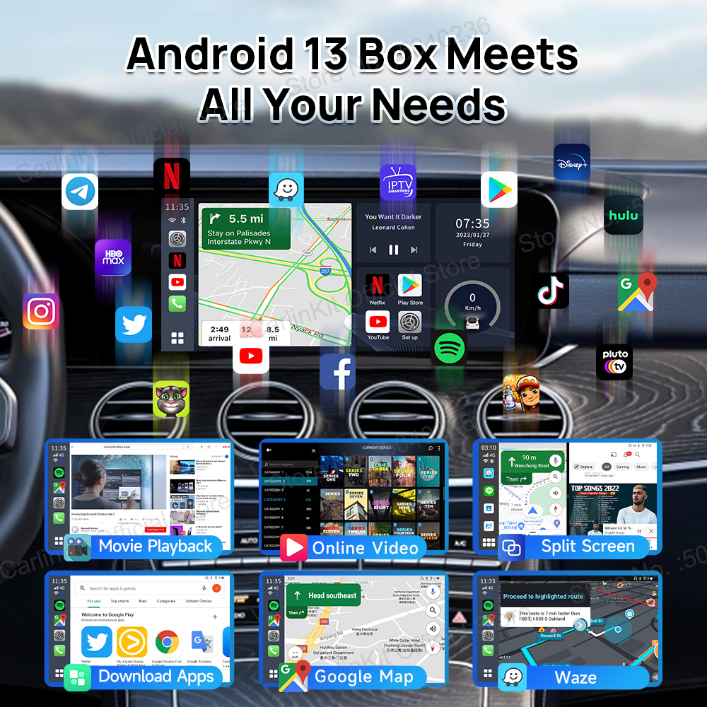 2025 CarlinKit Smart CarPlay Ai Box Android 13, obsługa Netflix YouTube, dzielony ekran, bezprzewodowy Android Auto i CarPlay Smart TV Box