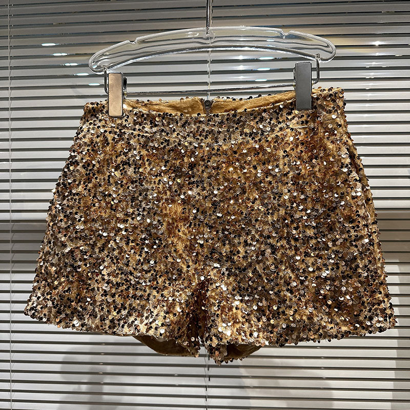 새로운 Clubwear 반바지 숙녀 섹시한 스팽글 반바지 느슨한 높은 허리 streetwear 넓은 다리 짧은 바지 슬리버 블랙 여성 의류