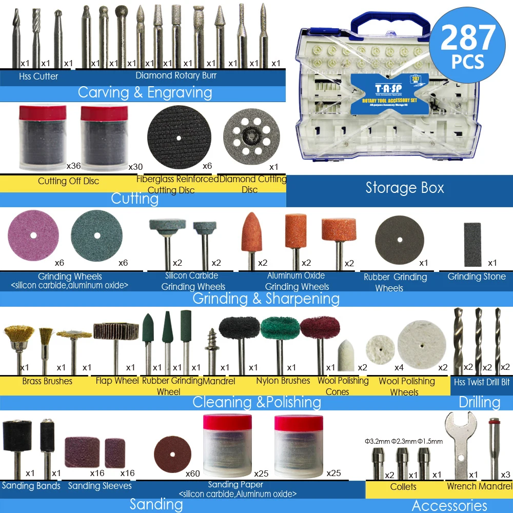 287 pçs conjunto de acessórios de ferramenta rotativa abrasiva elétrica mini broca kit lixar polimento corte gravura cabeças para dremel