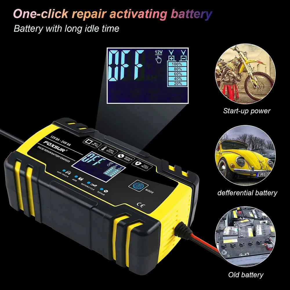 FOXSUR 12V 24V 8A Automatyczna ładowarka do akumulatorów 3-stopniowa naprawa impulsów Wyświetlacz LCD Inteligentna ładowarka do akumulatorów samochodowych ŻEL/AGM ZEWET kwasowo-ołowiowy