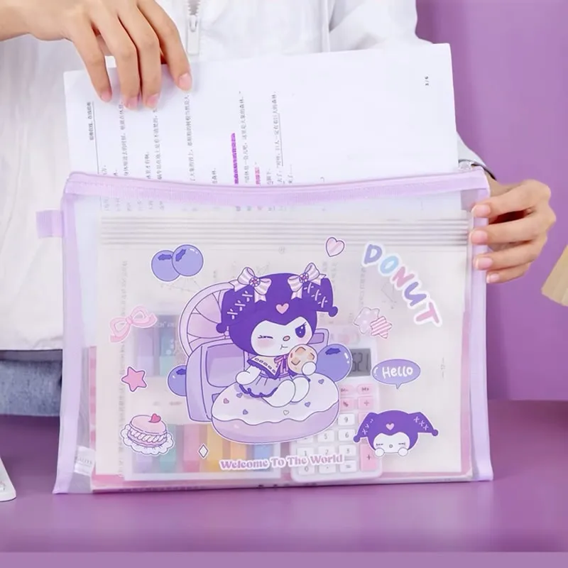 Custodia portaoggetti con cerniera in rete A5 Melody Kuromi Cinnamoroll Borsa per documenti Organizzatore di cancelleria per studenti Materiale scolastico