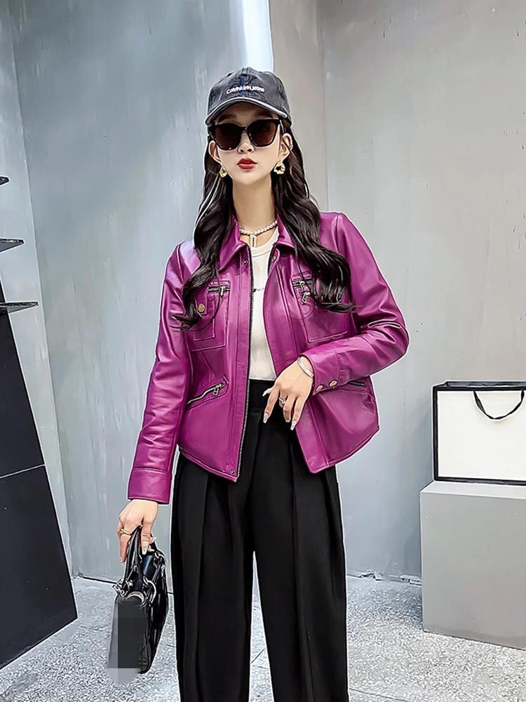 New Fashion Women Genuine Leather Jacket Punk Motorcycle Biker Short Coat Lapel Street Outerwear Female Real Sheepskin Jackets