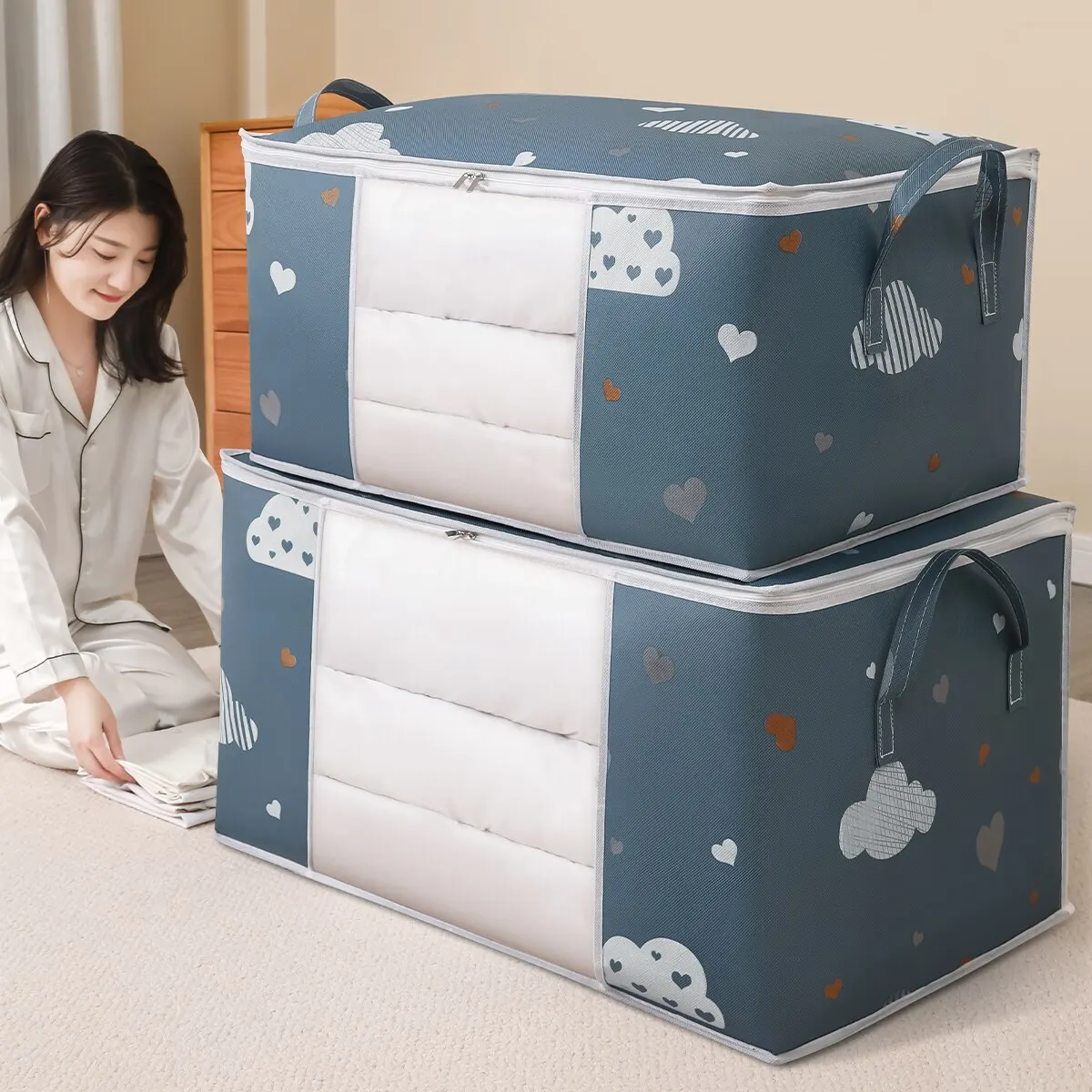 Saco De Armazenamento De Roupas De Grande Capacidade, Organizador com Alça Reforçada, Adequado para Cobertores, Cama, Dobrável, Zíper Sturdy