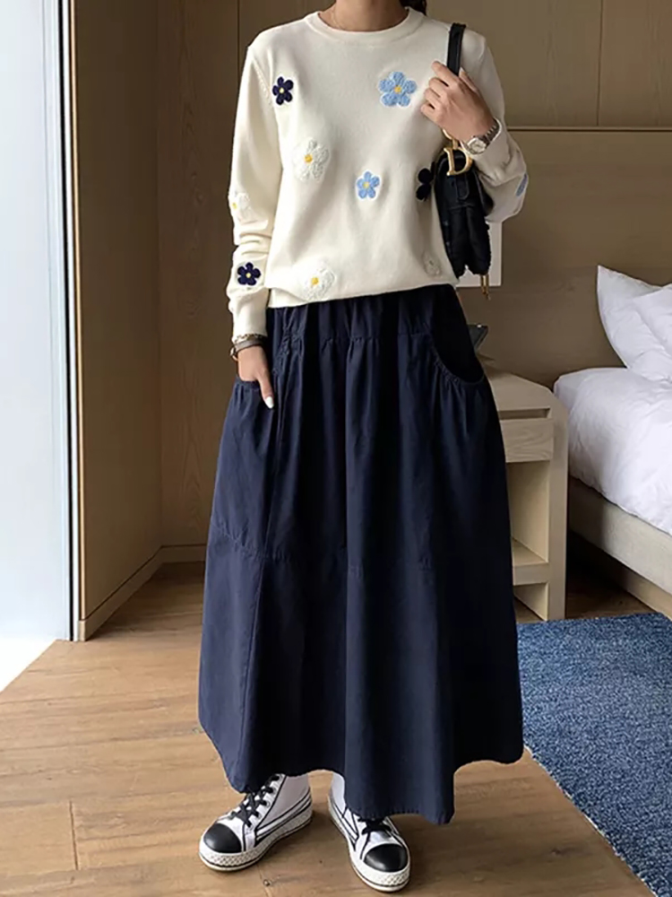 Koreanische floral stickerei pullover hohe qualität frauen elegant o hals gestrickte oberteile C-089