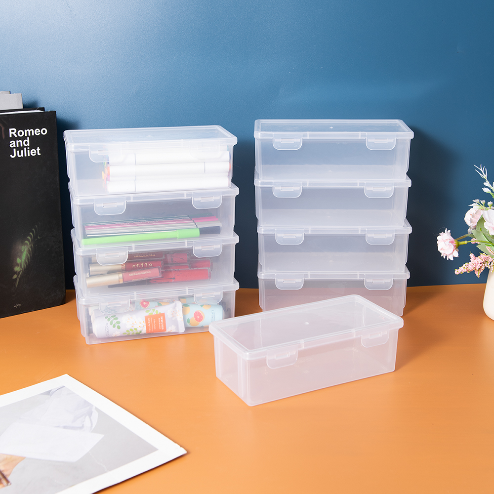 Clear Pencil Boxes 4Pack Large Capacity Plastic Organizer Storage Boxes for School Bulk Stackable Design, Office Supplies Storag