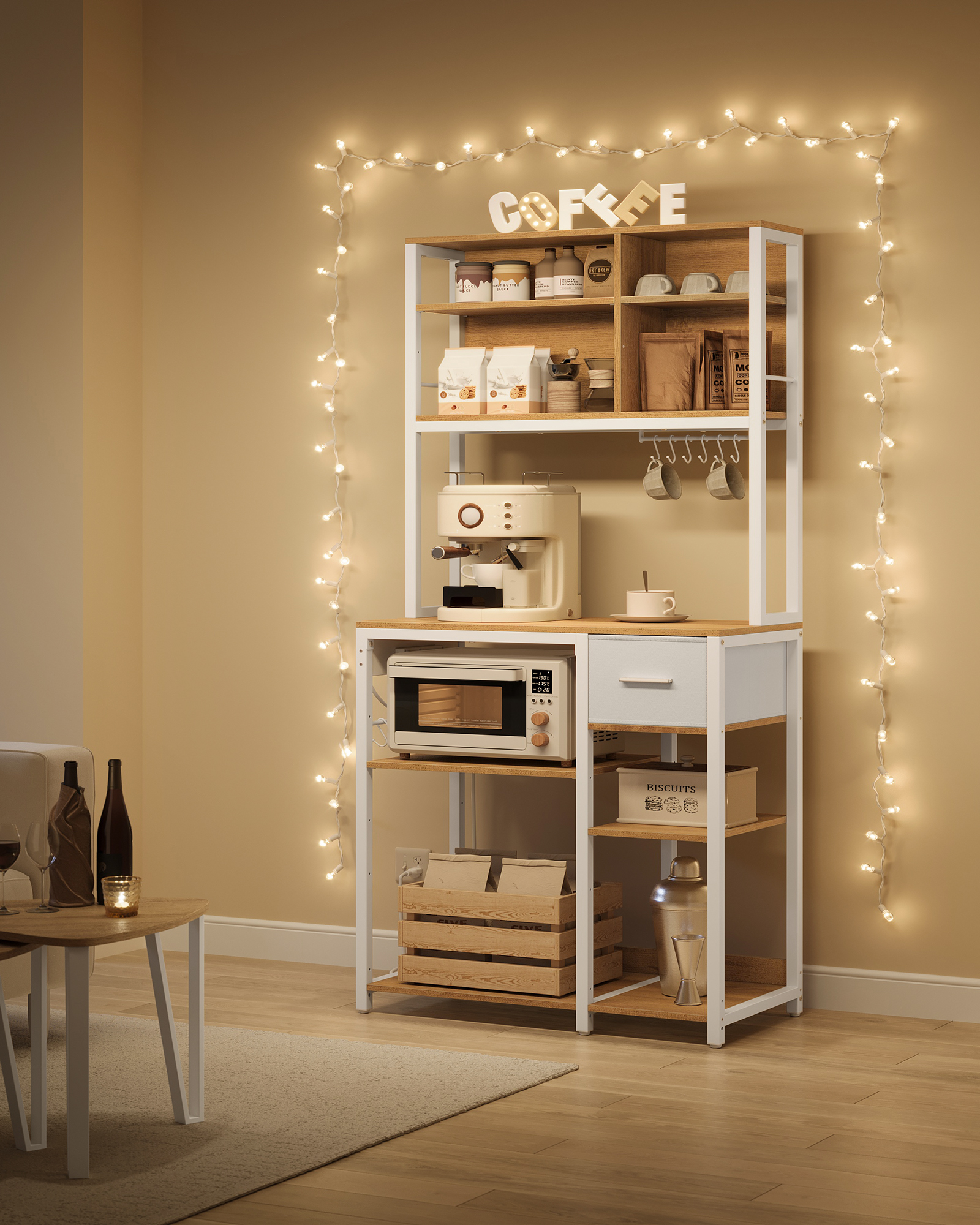 VASAGLE stopcontacten keukenplank standaard rek magnetronplank verstelbare planken stoffen lade