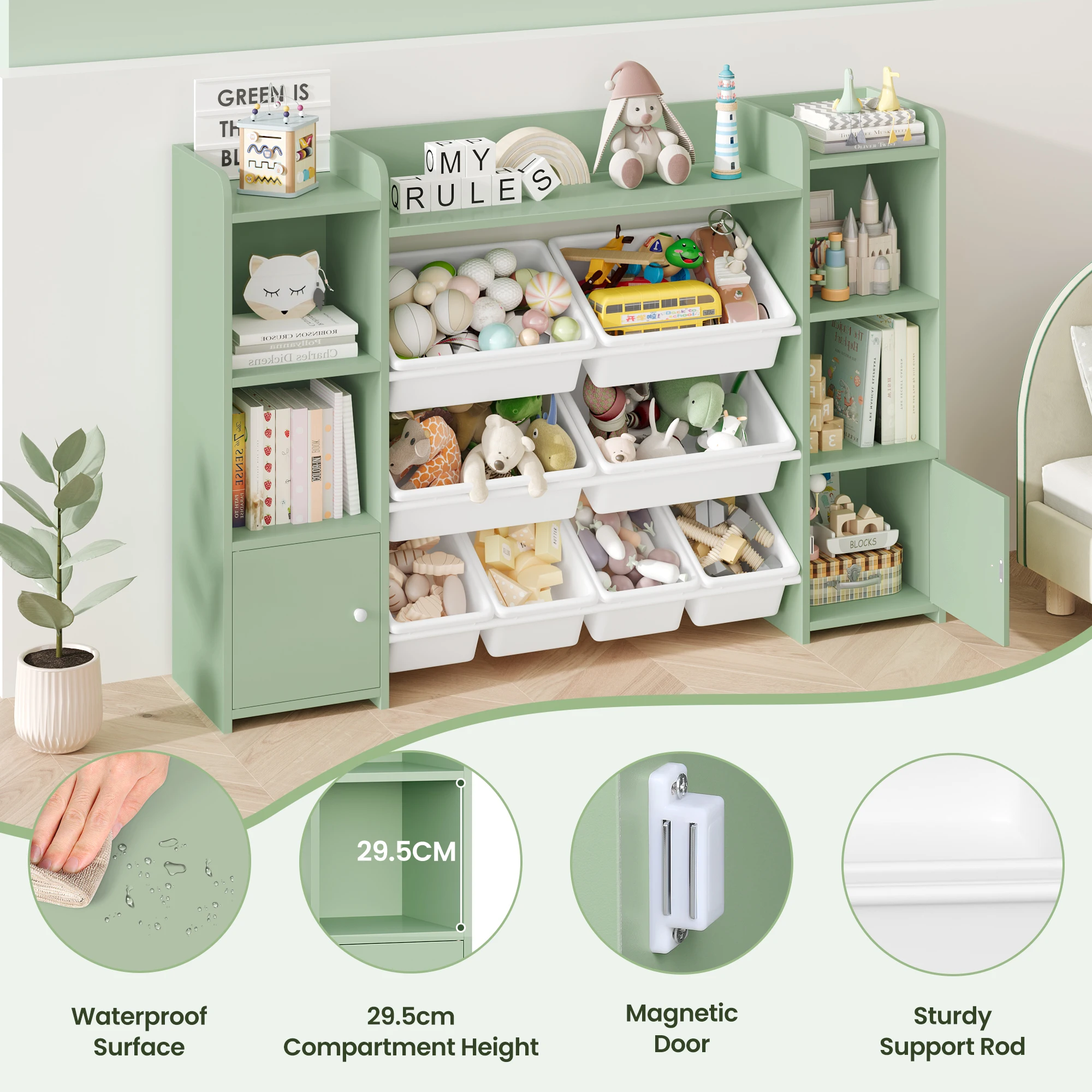 Getone kinderregal kinderzimmer möbel Spielzeugtruhe Bücherregal kinderschrank mit 8 Boxen 9 Regalen 138x29x94 cm weiß/Rosa