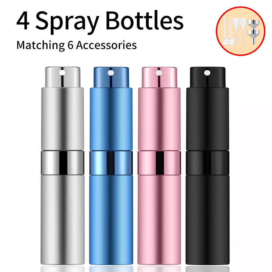 4 Stück + 6 Zubehör, Parfümzerstäuber, nachfüllbar, mit 5 Sprühflaschen, 2 Aluminium-Trichter, 2 Shenanigans mit Dosierfunktion, 2 Federn