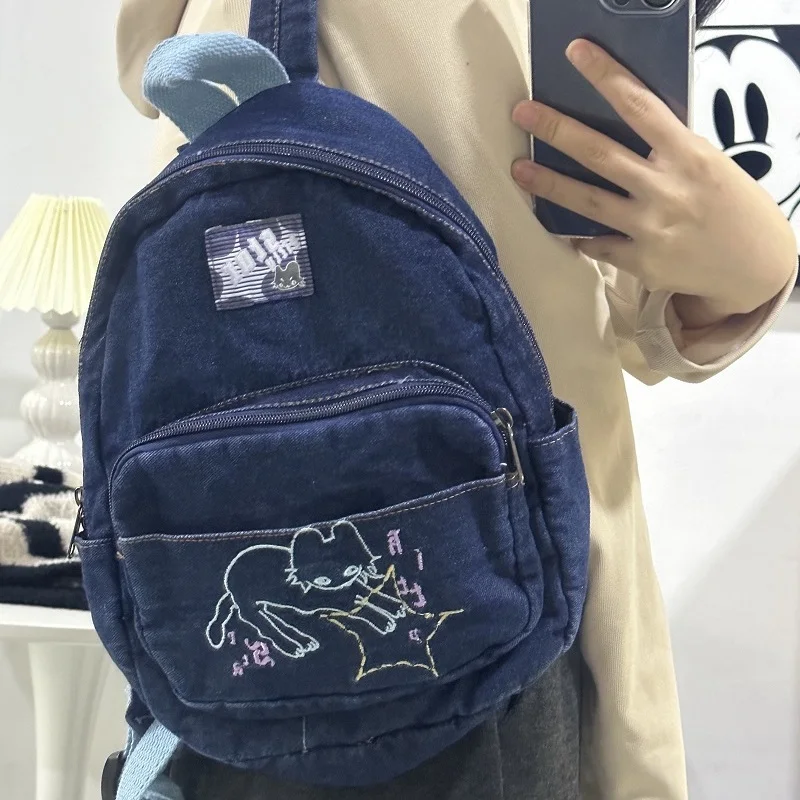 Japoński prosty plecak Kawaii Cat Denim torebka torby na ramię o dużej pojemności tornister studencki śliczny plecak damski