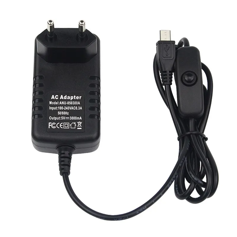 Raspberry Pi 5V 3A Fonte de Alimentação com Botão Interruptor, Adaptador de Alimentação, Porta Micro USB, Laranja Pi Zero 2 W, 3 LTS
