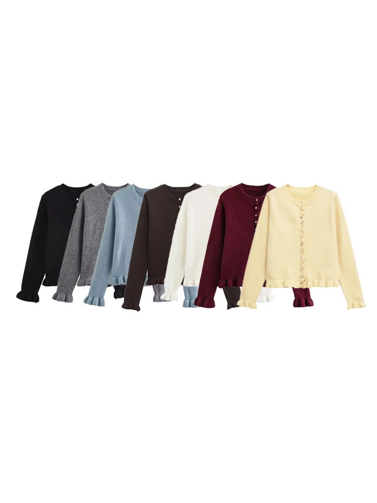 Damen-Strickjacke mit Rüschen, O-Ausschnitt, langärmelig, schickes Oberteil mit Knöpfen vorne, modische Oberbekleidung