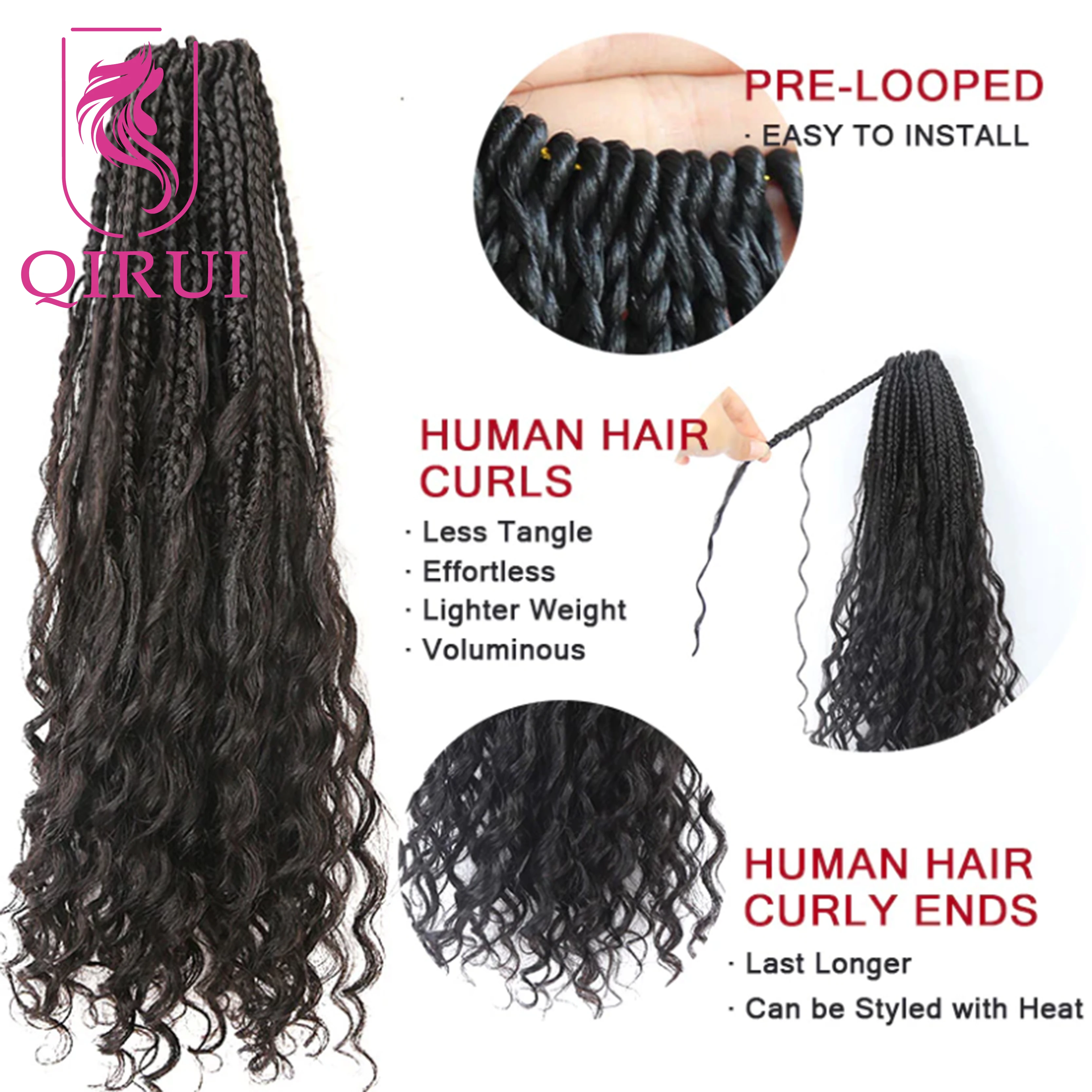 Crochê boho caixa tranças com cachos de cabelo humano pré looped caixa tranças com cabelo humano encaracolado extremidades completas 30 Polegada extensões de cabelo