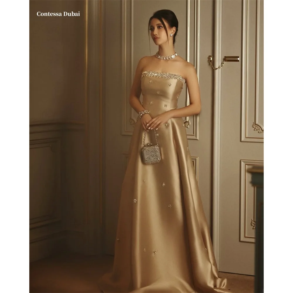 Contessa Dubai Champagne Gold Блестящие платья для выпускного вечера трапециевидной формы без бретелек с цветочным принтом по индивидуальному заказу فساتينernu Sweep Train robes de soirée