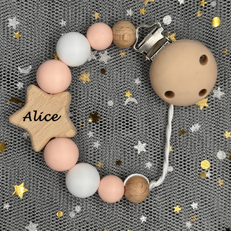 Custom Name Beech Clip Choose Font Personalized Baby Pacifier Chain Silicone Bead Dummy Nipple Holder Teether Chain Newborn Gift