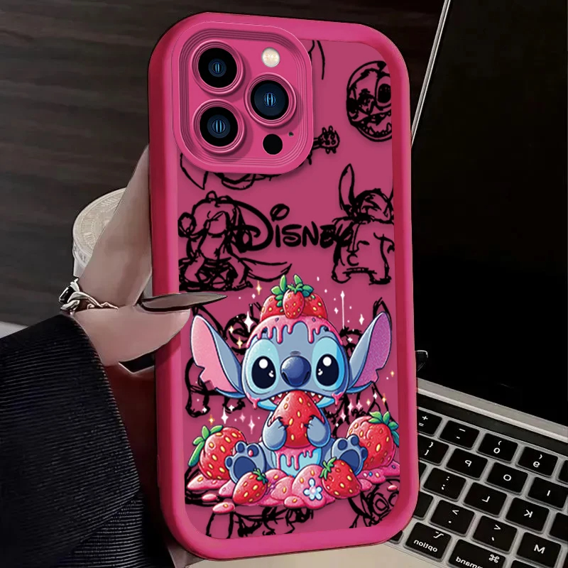 Funda de teléfono bonita de fresa de Disney Stitch para iPhone 16 15 14 13 12 11 Pro Max X XS Max XR 12 13 Mini 8Plus, funda suave a prueba de golpes