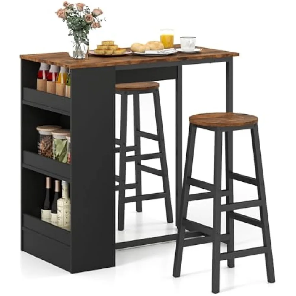 3-Pieces Bar Table Set, Rectangular Dining Table and 2 Chairs with Storage Shelves, Kitchen Set for Small Space, Breakfa Nook