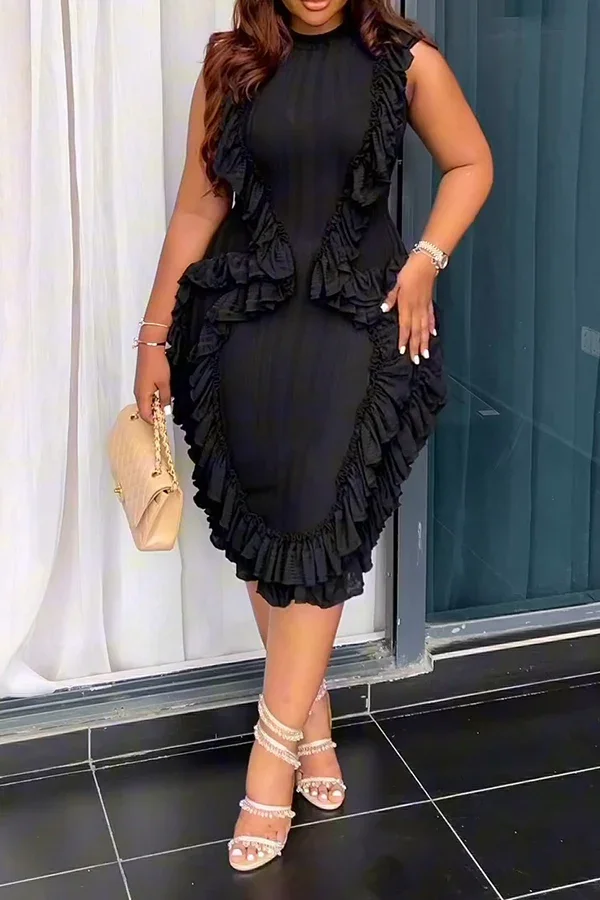 Damska Sukienka Plus Size Obcisła Okrągły Dekolt Frędzle Falbanka Dół Bez Rękawów Bodycon Codzienna Elegancka Streetwear Wyszczuplająca Sukienka Letnia