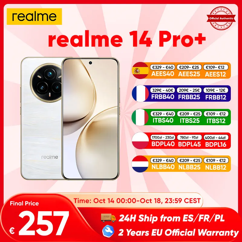 [Estreno mondiale] realme 14 Pro Plus Smartphone Snapdragon ® 7s Gen 3 5G 6000mAh 50MP Periscopio Sony 3X Display curvo da 6,83" 120Hz