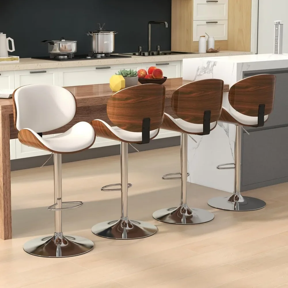 Bar Stools Set of 2, Swivel Adjustable Height, PU Leather Upholstered Bar Chairs with Footrest, Bentwood Bar Stool