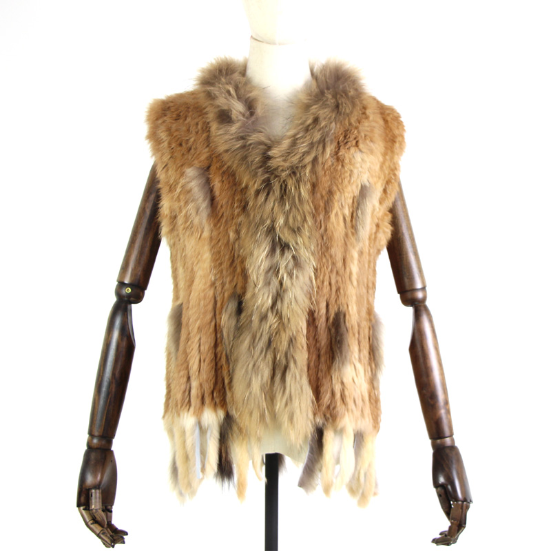 Harppihop-Real Rabbit Fur Vest com Raccoon Fur Collar para Mulheres, Colete, Casacos de Malha, Frete Grátis, Inverno