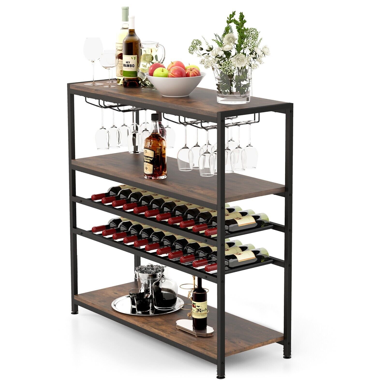GOFLAME 5-tier Wine Rack Table Freestanding Bar Wine Racks With 4 Rows of Glass Holders