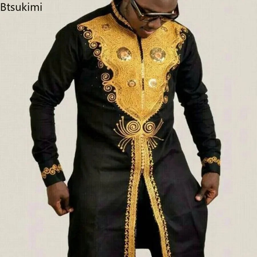 2025 roupas masculinas gola dourada impressão camisa de manga longa na moda hip hop áfrica roupas casuais estilo étnico meados de comprimento topo