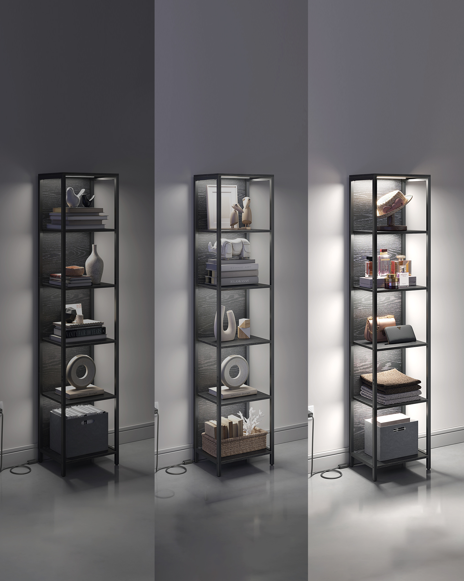 VASAGLE Bücherregal mit 6 Ebenen, Standregal mit Einstellbarer LED-Beleuchtung, Regal mit Stahlrahmen, 30,3 x 40 x 178,6 cm