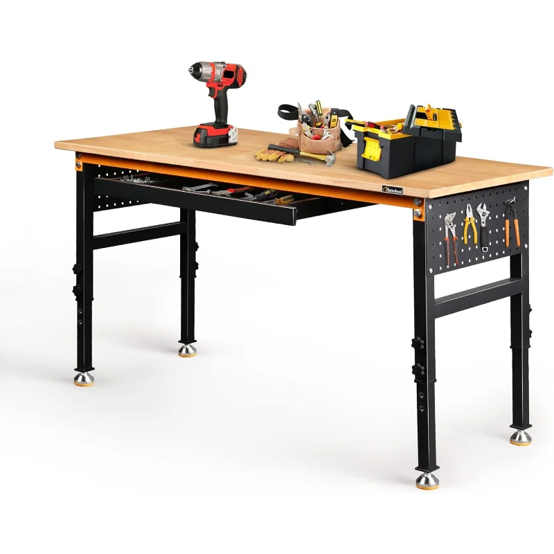 60" Heavy-Duty Adjustable Workbench for Garage, Rubber Wood Shop Table W/Double Pegboards & Drawer,Hardwood Workstation Weight