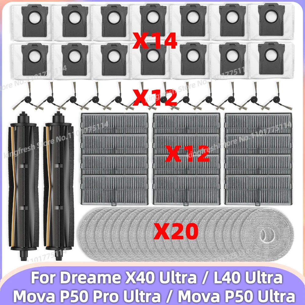 Fit For ( Mova P50 PRO ULTRA/ P50 Ultra, Dreame X40 Ultra/ L40 Ultra ) Parts Main Tricut Roller Side Brush Filter Mop Cloth Bag