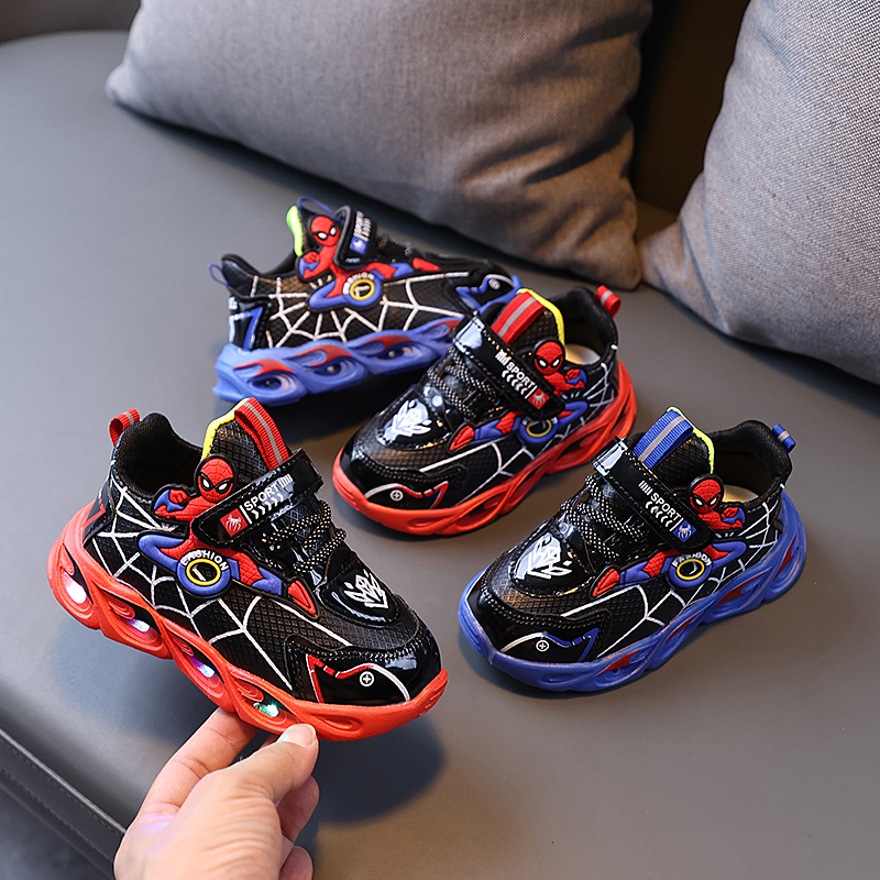 디즈니 소년 신발 LED 조명 만화 가을 어린이 스포츠 신발 가죽 미끄럼 방지 어린이 운동화 운동화 크기 25-35
